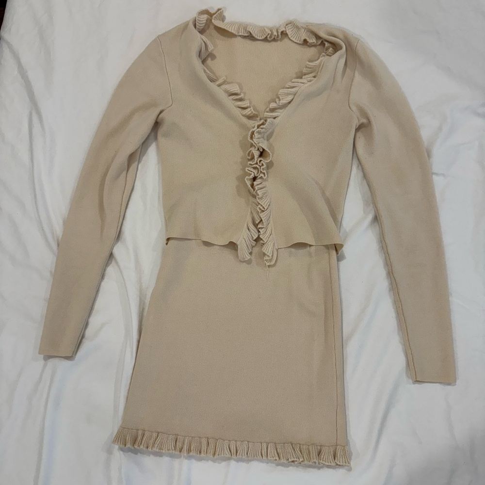 Urban Outfitters Cream Ruffle-Trim Knit Long Sleeve Top/Skirt